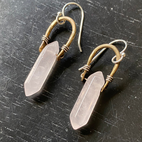 Tiny Taliswoman: Rose Quartz Double Point Earrings with Brass Bails/Silver wire