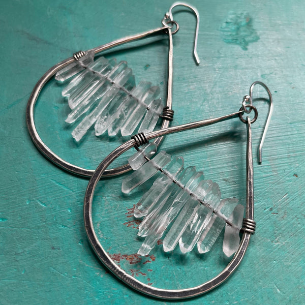 Medium Silver Teardrop Quartz Cluster Earrings