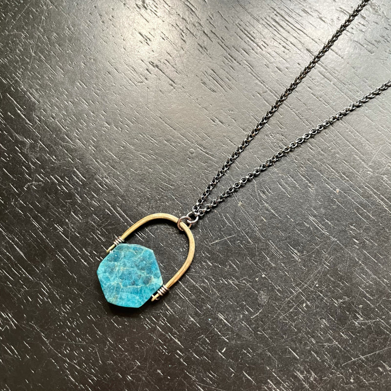 Natural Blue Apatite Hexagon TALISWOMAN, Brass Bail, Silver Necklace
