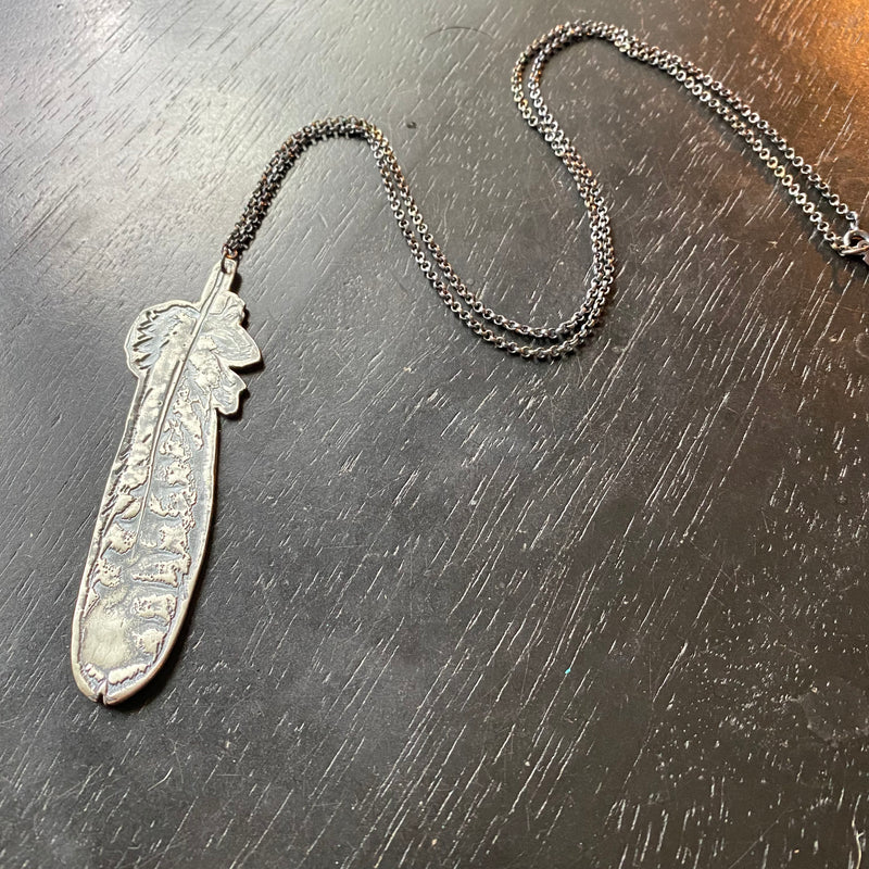 RED-TAILED HAWK FEATHER Oxidized Sterling Silver Necklace, LARGE