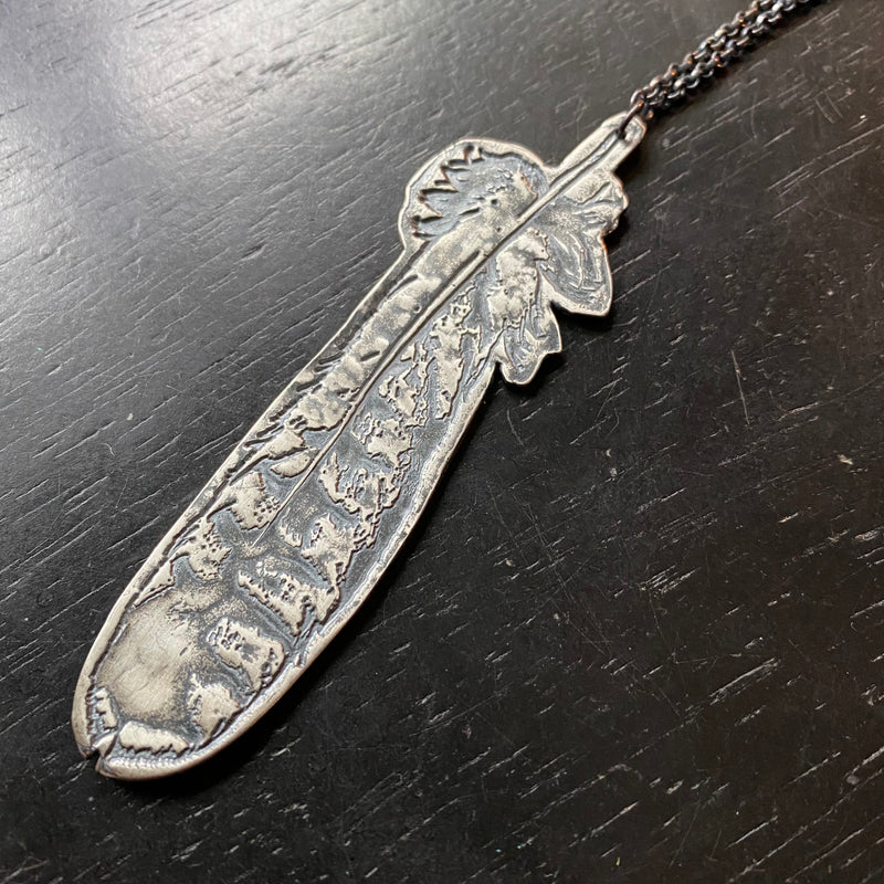RED-TAILED HAWK FEATHER Oxidized Sterling Silver Necklace, LARGE