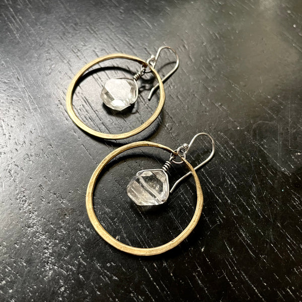 SMALL Brass Hoops with Raw Faceted Herkimer Diamonds