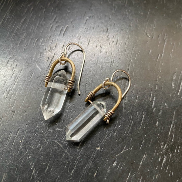 Tiny Taliswoman Double Pointed, Faceted Quartz Earrings: Tiny Brass Bail, Sterling Silver wire wrap