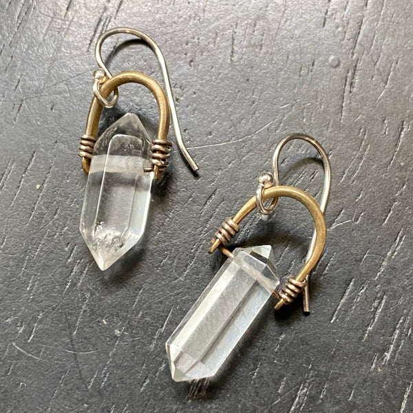 Tiny Taliswoman Double Pointed, Faceted Quartz Earrings: Tiny Brass Bail, Sterling Silver wire wrap
