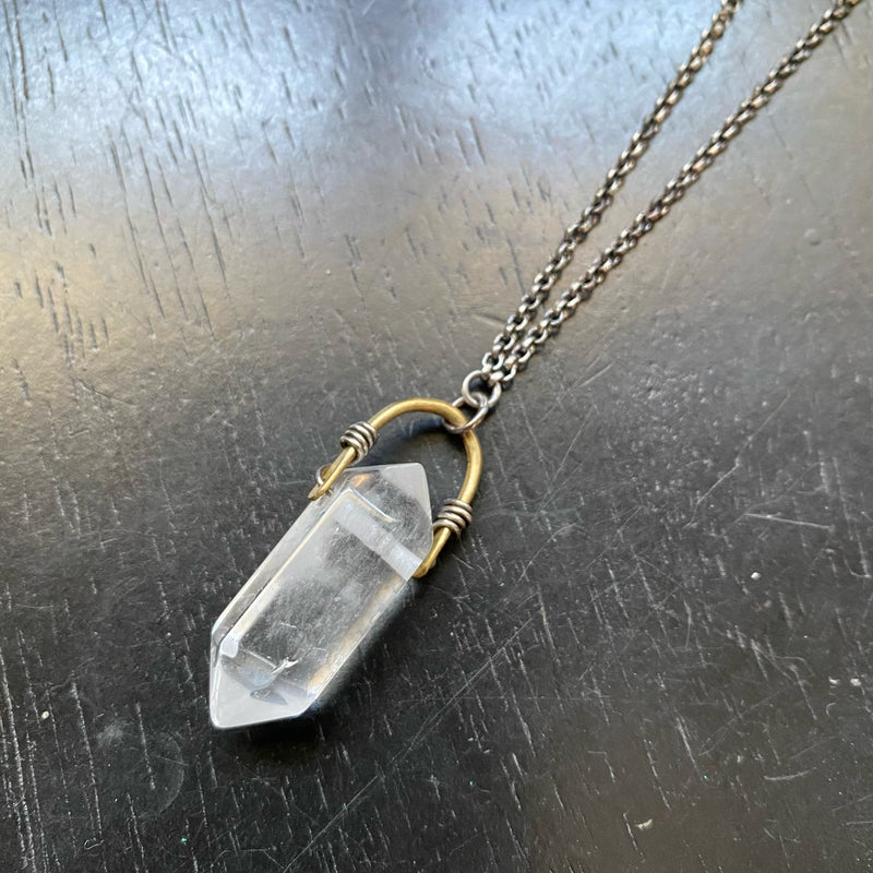 SMALL Taliswoman Double Pointed, Faceted Quartz Necklace: Brass bail/Silver wire wrap + chain