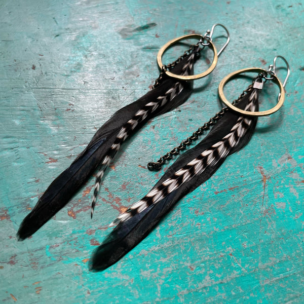 NEW! Feathers with TINY Brass Hoops, white and striped Feathers and Chains!
