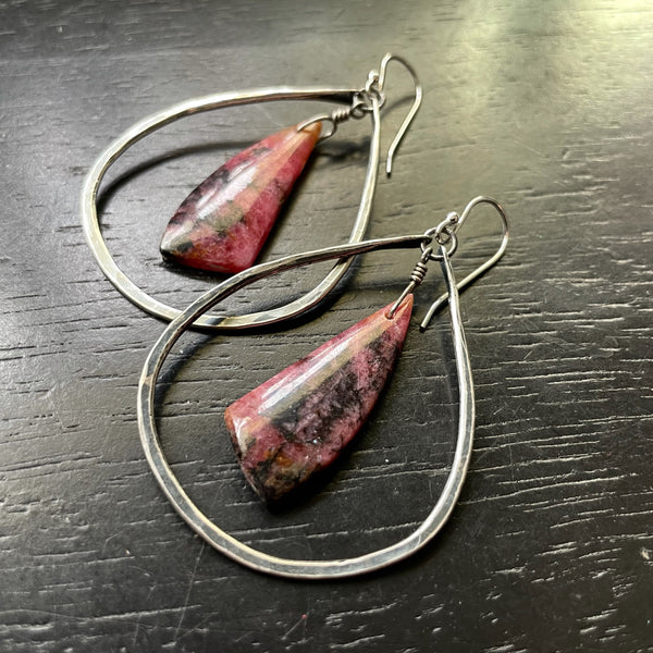 RHODONITE "Rescue Crystals" bookmatched Stones in MEDIUM SILVER Teardrop Hoops! OOAK#6