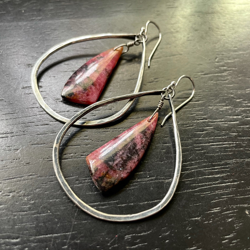 RHODONITE "Rescue Crystals" bookmatched Stones in MEDIUM SILVER Teardrop Hoops! OOAK#6