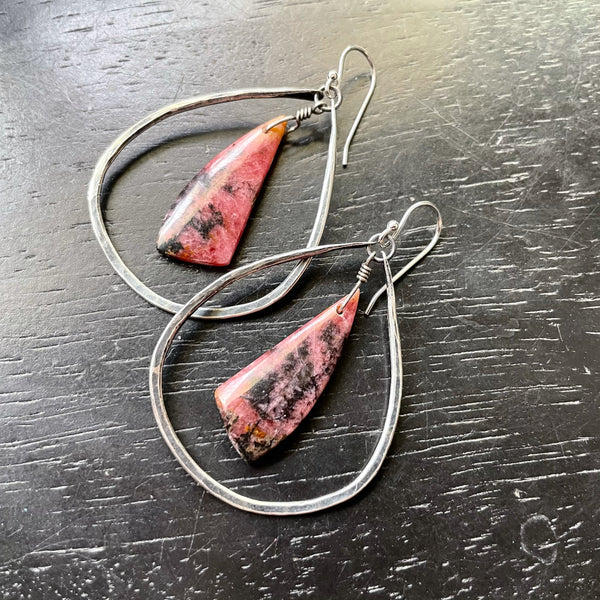 RHODONITE "Rescue Crystals" bookmatched Stones in MEDIUM SILVER Teardrop Hoops! OOAK#6
