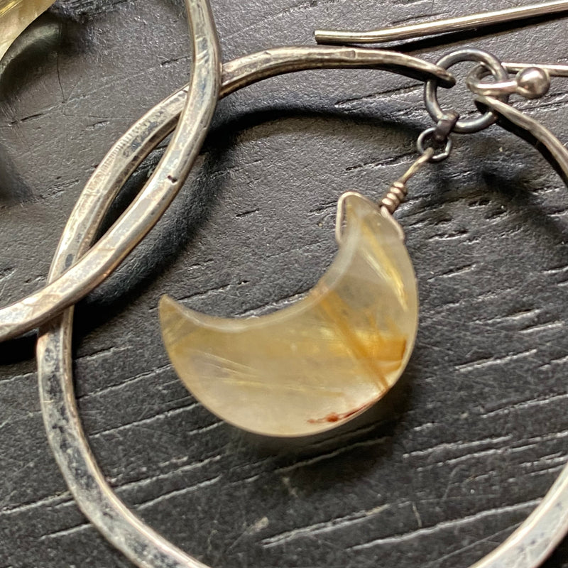 Gold Rutilated Quartz Crescent Moons in Small Silver Hoops