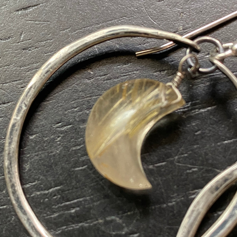 Gold Rutilated Quartz Crescent Moons in Small Silver Hoops