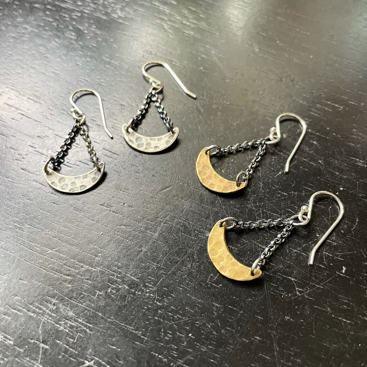 Vertical Moon Phase Earrings with Crescent discount Moon and Gold Ring - Sterling Silver and Gold Moon Hook Earrings