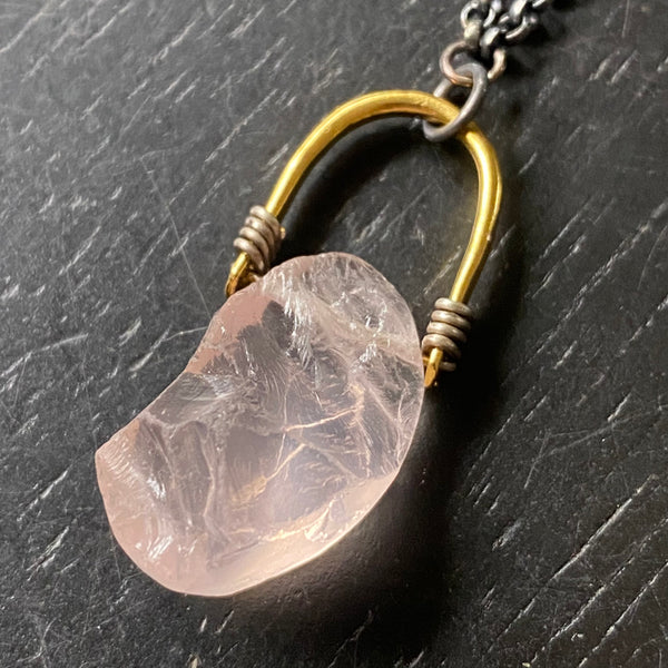 NEW! SMALL GOLD Bail with Large RAW ROSE QUARTZ Crystal Taliswoman Necklace OOAK #1