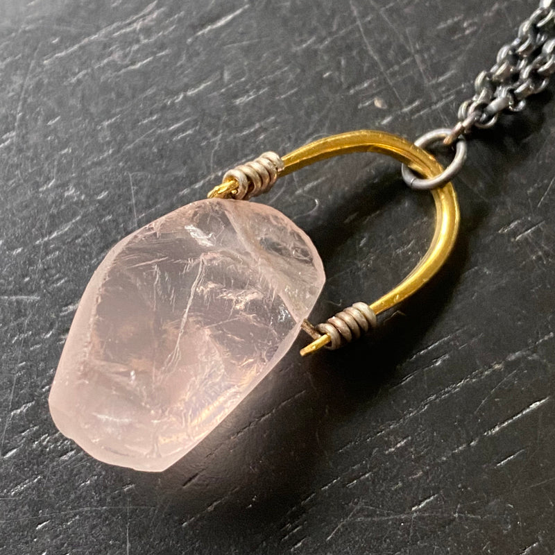 NEW! SMALL GOLD Bail with Large RAW ROSE QUARTZ Crystal Taliswoman Necklace OOAK #1