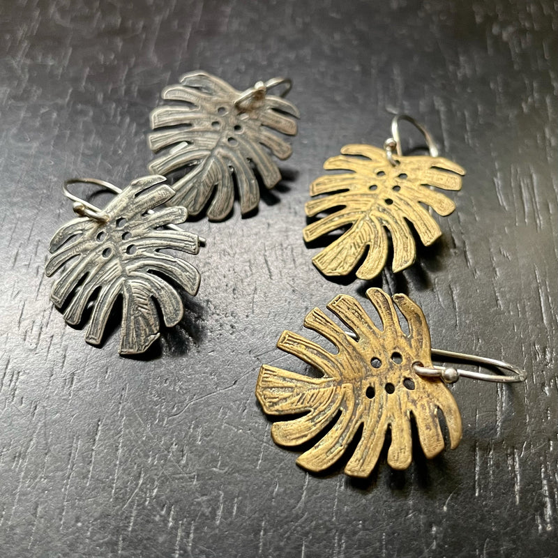 monstera leaf earrings Jennifer Kahn Tiny Monstera Leaf Earrings in Sterling Silver