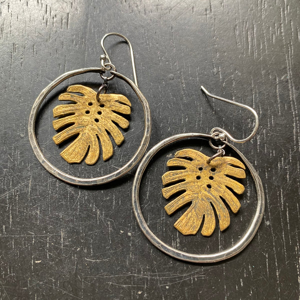 Tiny Brass Monstera Leaves in Silver Hoops
