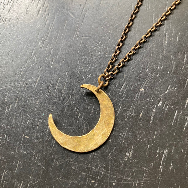 Carved Brass Crescent Moon ("LUNAROMA"-style) Brass Necklace 16"