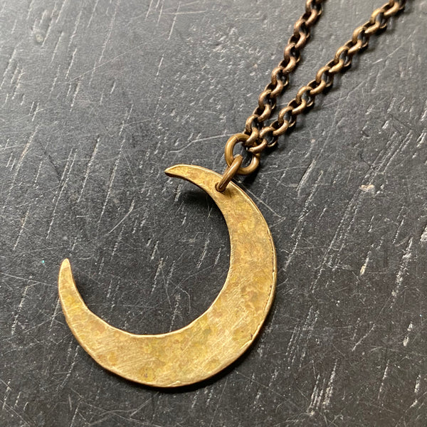 Carved Brass Crescent Moon ("LUNAROMA"-style) Brass Necklace 16"