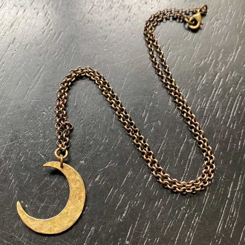 Carved Brass Crescent Moon ("LUNAROMA"-style) Brass Necklace 16"