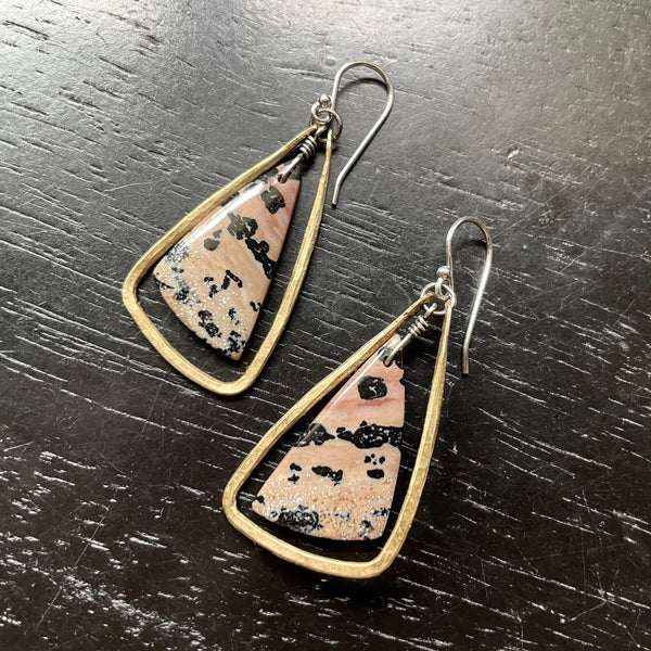 Delightful DALMATION Bookmatched JASPERS in Small Triangular Brass Hoops , OOAK #1