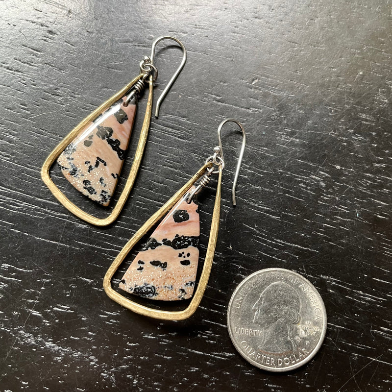 Delightful DALMATION Bookmatched JASPERS in Small Triangular Brass Hoops , OOAK #1