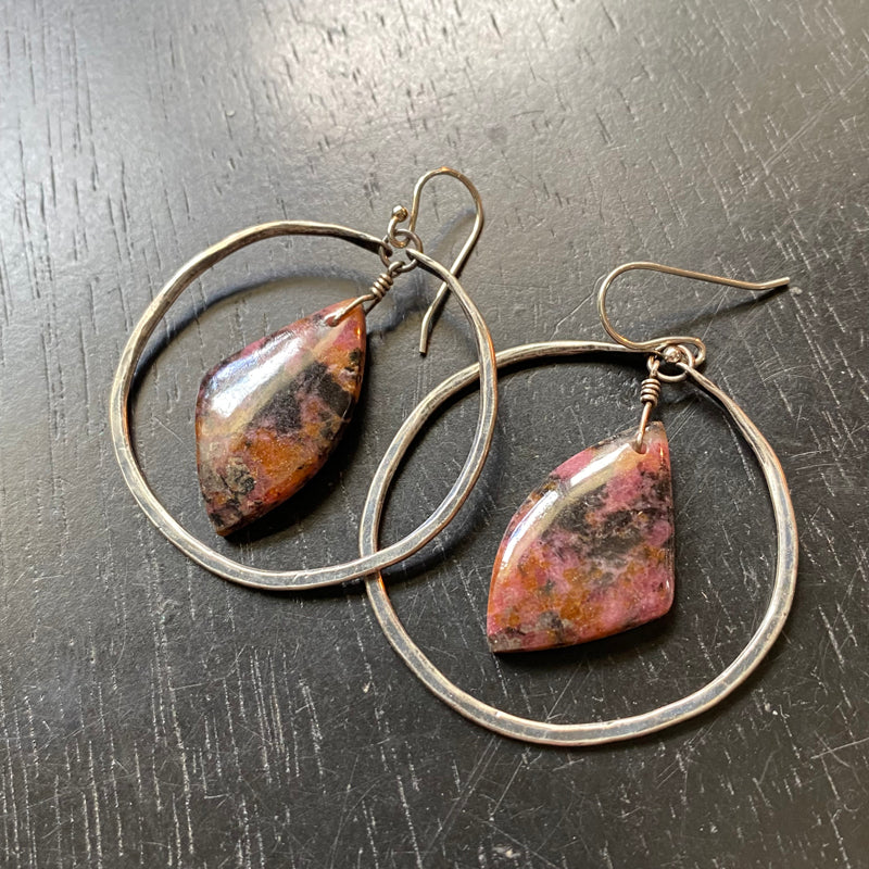 "Rescue" Crystals bookmatched Rhodonites in Medium SILVER Hoops! OOAK #1