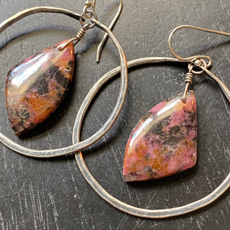 "Rescue" Crystals bookmatched Rhodonites in Medium SILVER Hoops! OOAK #1