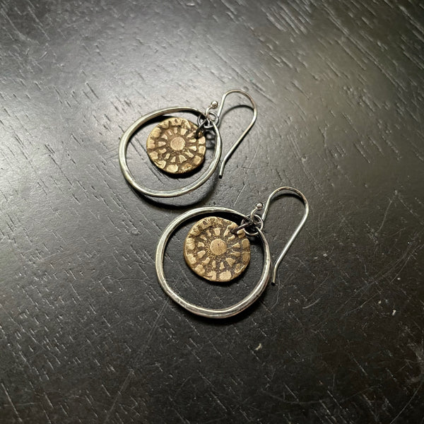 Orijen's Brass Floral Earrings in Tiny Silver Hoops