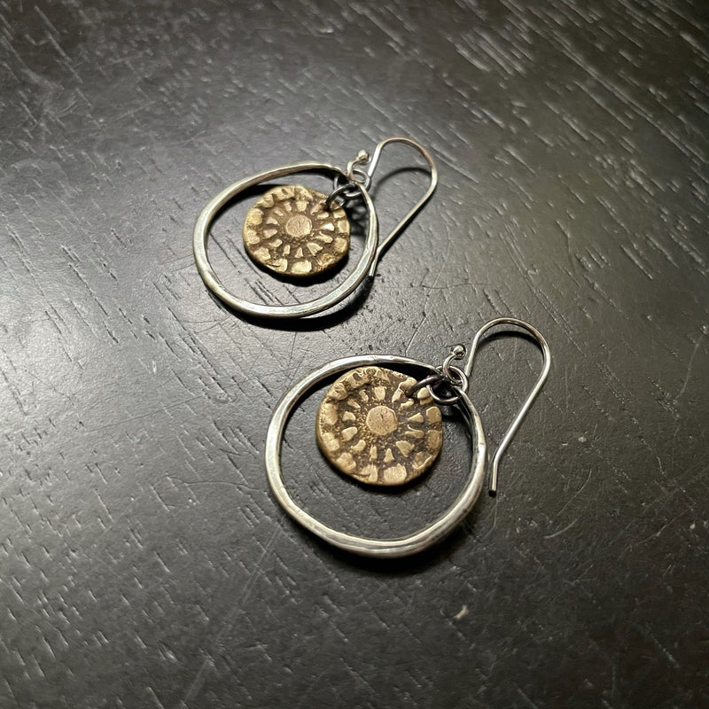 Orijen's Brass Floral Earrings in Tiny Silver Hoops