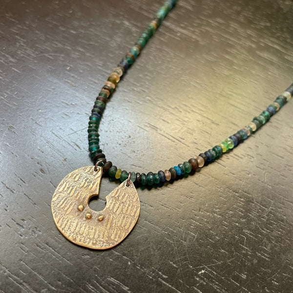 ORIJEN'S: Brass REVERSIBLE TEXTURED DISC with 3 DOTS  Medallion on RARE ROMAN GLASS STRAND Necklace