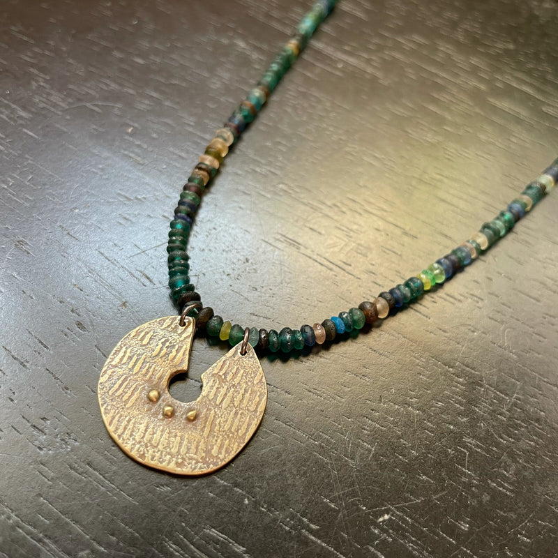 ORIJEN'S: Brass Reversible Textured Disc Necklace with Roman Glass