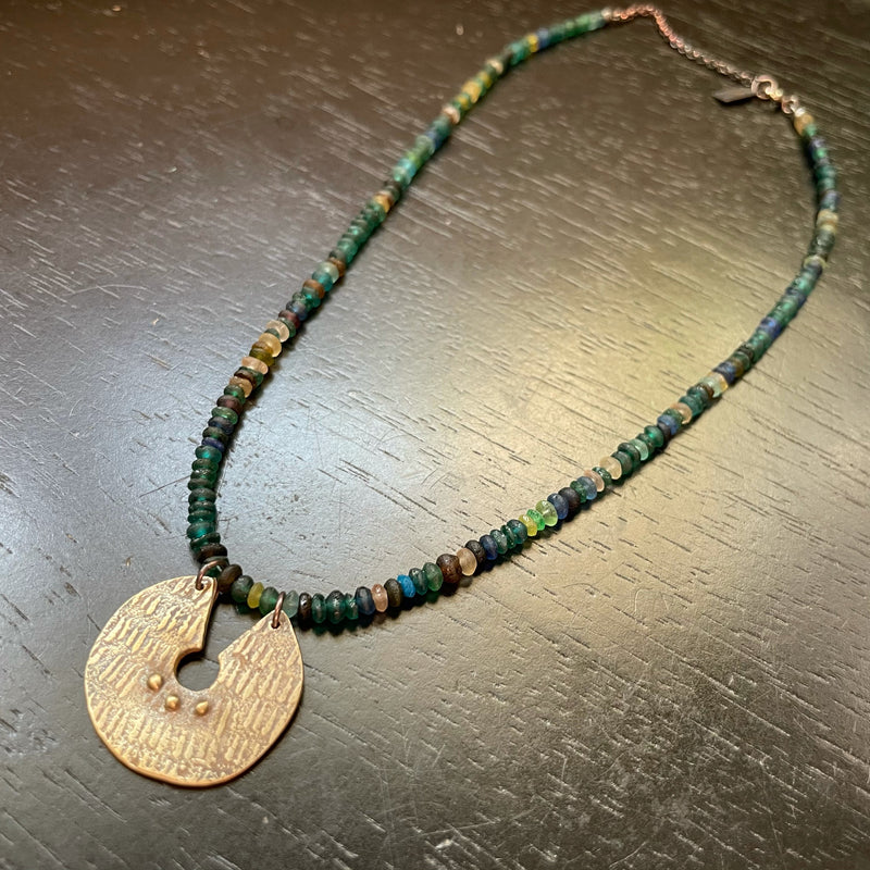 ORIJEN'S: Brass REVERSIBLE TEXTURED DISC with 3 DOTS  Medallion on RARE ROMAN GLASS STRAND Necklace