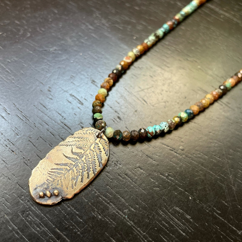 ORIJEN'S: BRASS FERN Fossil Leaf with 3 Dots Medallion on "DRAGON SKIN" TURQUOISE Necklace