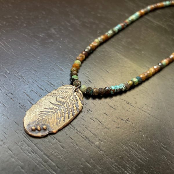 ORIJEN'S: BRASS FERN Fossil Leaf with 3 Dots Medallion on "DRAGON SKIN" TURQUOISE Necklace
