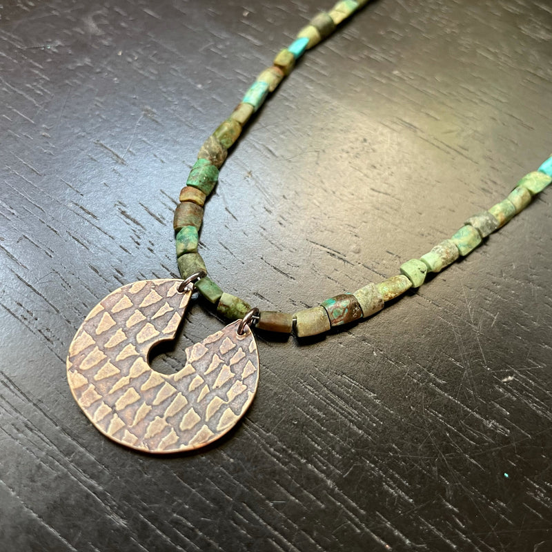 ORIJEN'S: BRASS REVERSIBLE TEXTURED DISC with 3 DOTS  Medallion on Turquoise Afghani Heishi beads Necklace