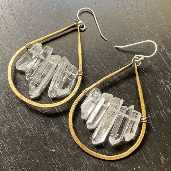 Large Quartz Cluster Earrings in Medium Brass Teardrops