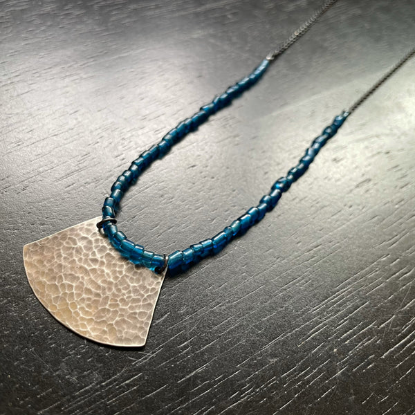 Small Silver Blade Necklace with VINTAGE African Blue Glass Beads and Chain
