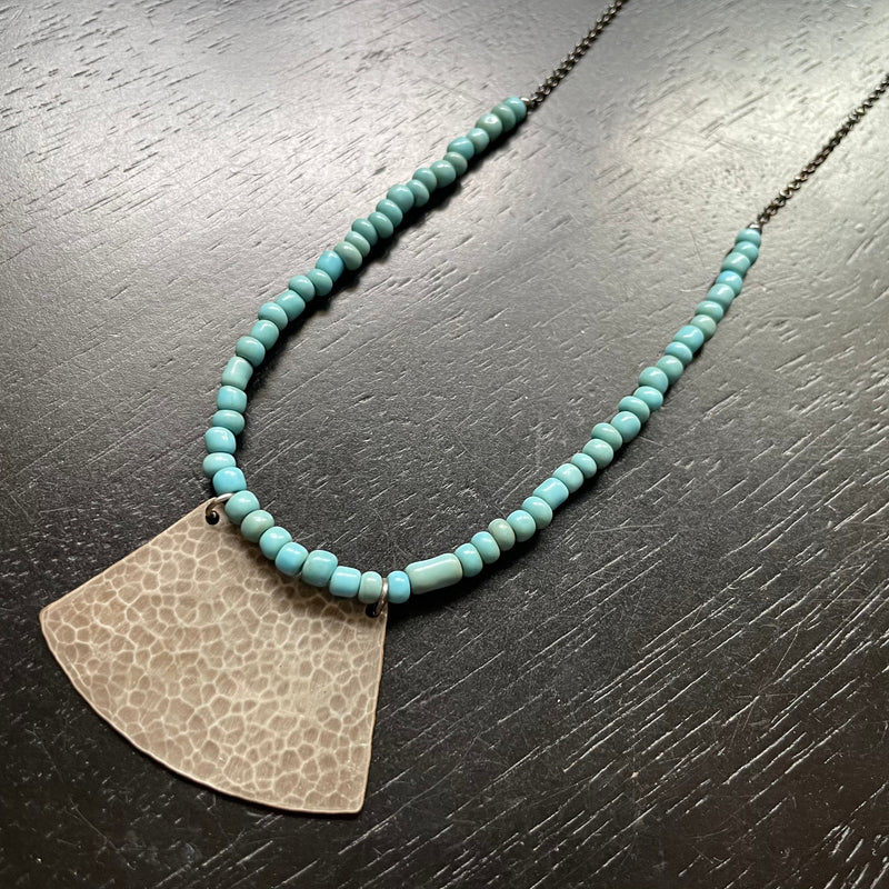 Large Silver Blade Necklace with VINTAGE African Teal Glass Beads and Chain