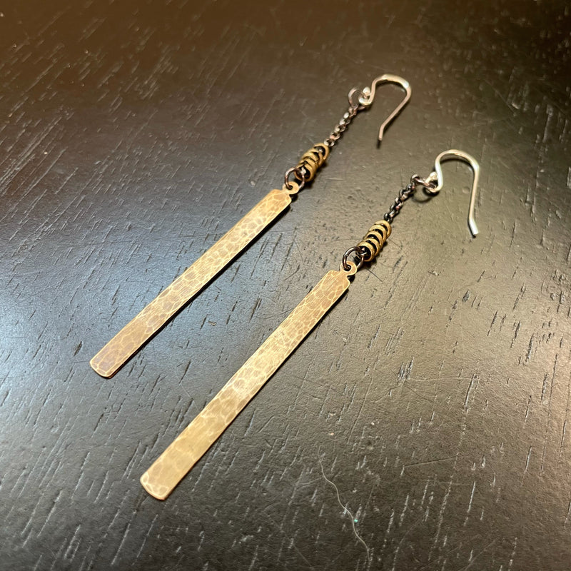 RAW KAHN! Hammered Brass THIN RECTANGLES on Silver Chains with Heishi Beads Earrings