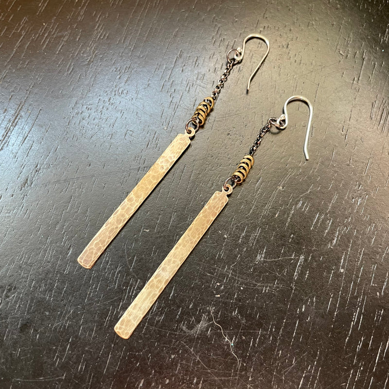 RAW KAHN! Hammered Brass THIN RECTANGLES on Silver Chains with Heishi Beads Earrings