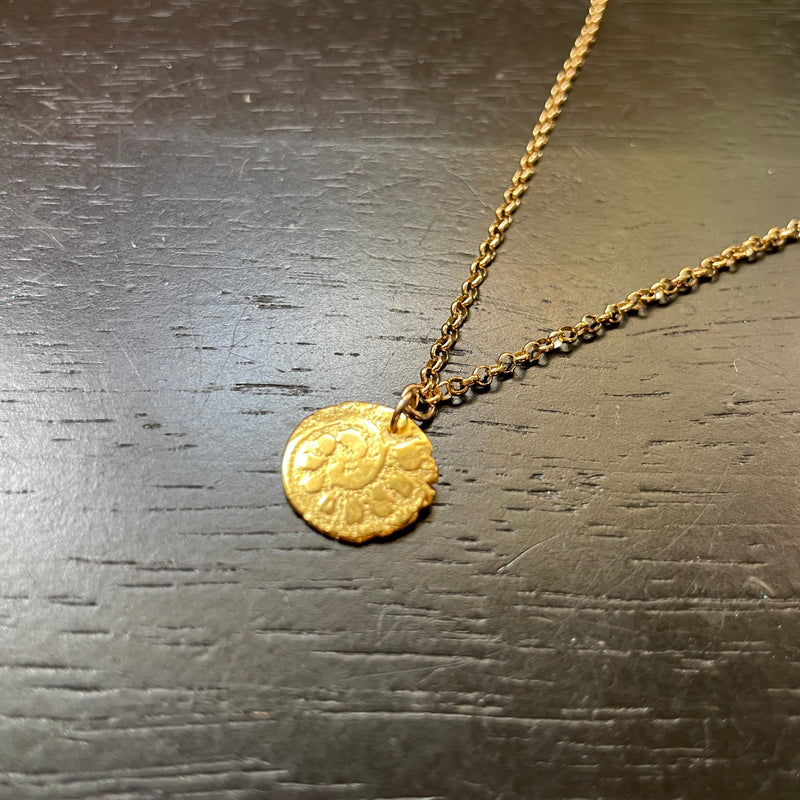 ORIJEN'S: GOLD TEXTURED Tiny Spiral Medallion on 14K GOLD Necklace, GOLD VERMEIL