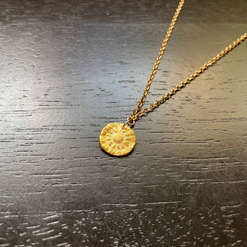 ORIJEN'S: GOLD TEXTURED Tiny Floral Medallion on 14K GOLD Necklace, GOLD VERMEIL