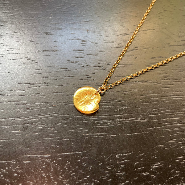ORIJEN'S: GOLD TEXTURED Tiny Sand Dollar Medallion on 14K GOLD Necklace, 24K GOLD VERMEIL
