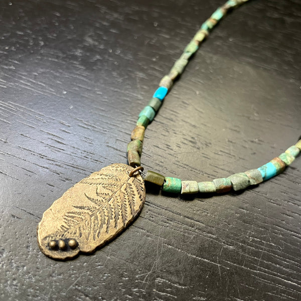 ORIJEN'S: BRASS FERN Fossil Leaf with 3 Dots Medallion on AFGHANI TURQUOISE Necklace
