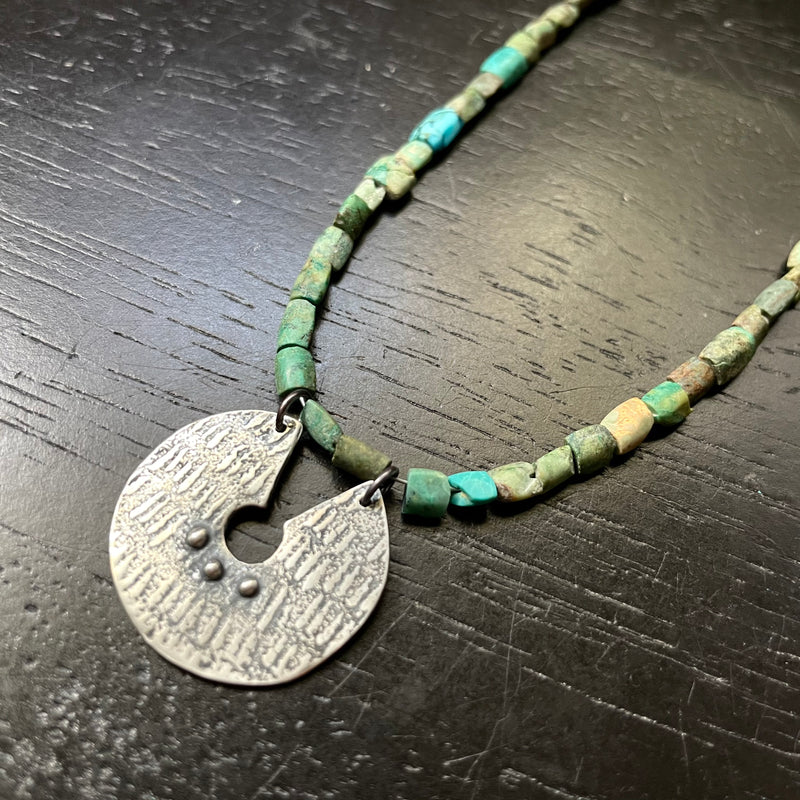 ORIJEN'S: STERLING SILVER REVERSIBLE TEXTURED DISC with 3 DOTS Medallion on AFGHANI TURQUOISE Necklace