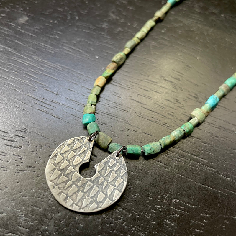 ORIJEN'S: STERLING SILVER REVERSIBLE TEXTURED DISC with 3 DOTS Medallion on AFGHANI TURQUOISE Necklace