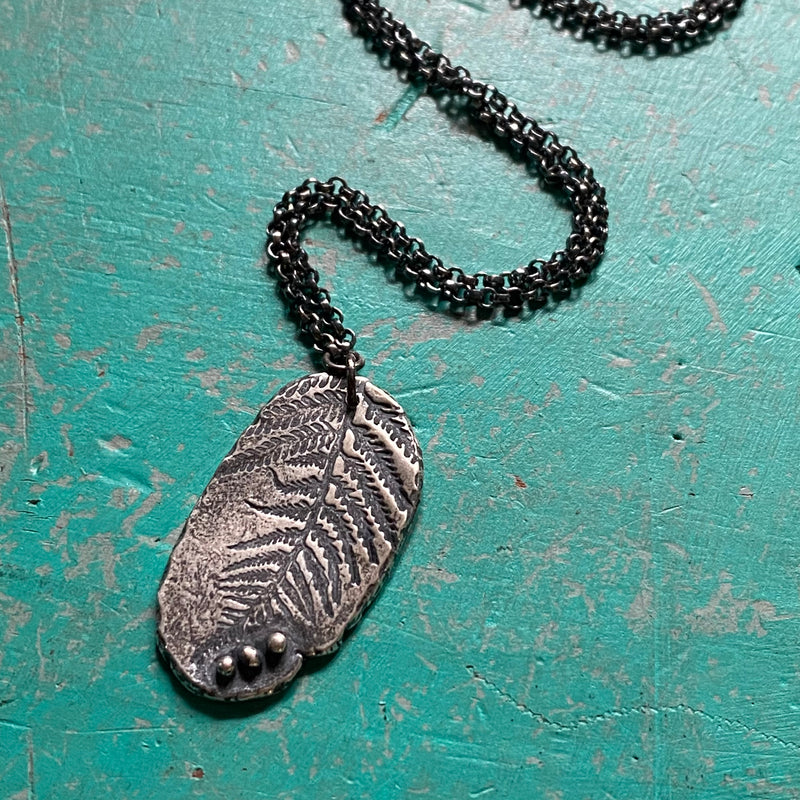 ORIJEN'S: Sterling Silver FERN Fossil Leaf with 3 Dots Medallion on Sterling Silver Necklace