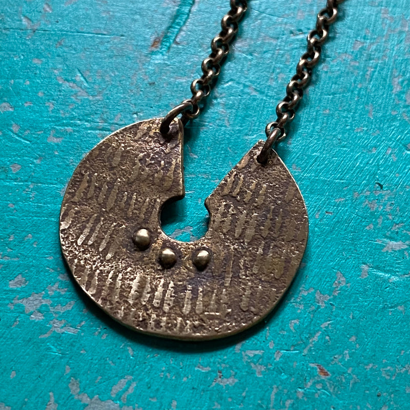 ORIJEN'S: Brass REVERSIBLE TEXTURED DISC with 3 DOTS  Medallion on Brass Necklace