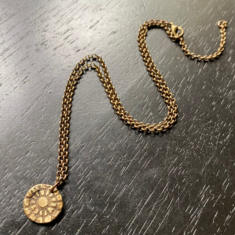 ORIJEN'S: TINY Brass TEXTURED FLORAL Medallion NECKLACE