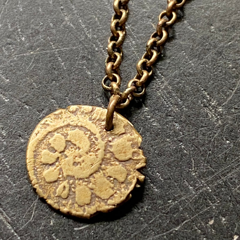 ORIJEN'S: TINY Brass TEXTURED SPIRAL Medallion NECKLACE